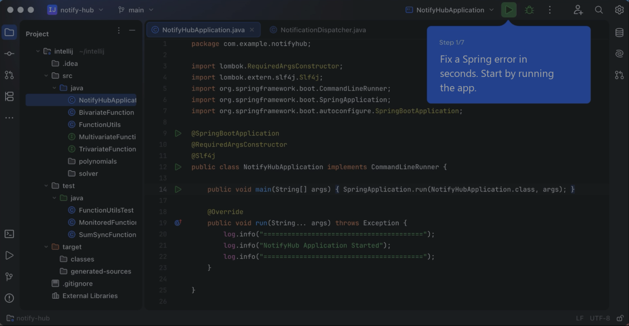 NotifyHubApplication.java open before the missing Spring bean is named