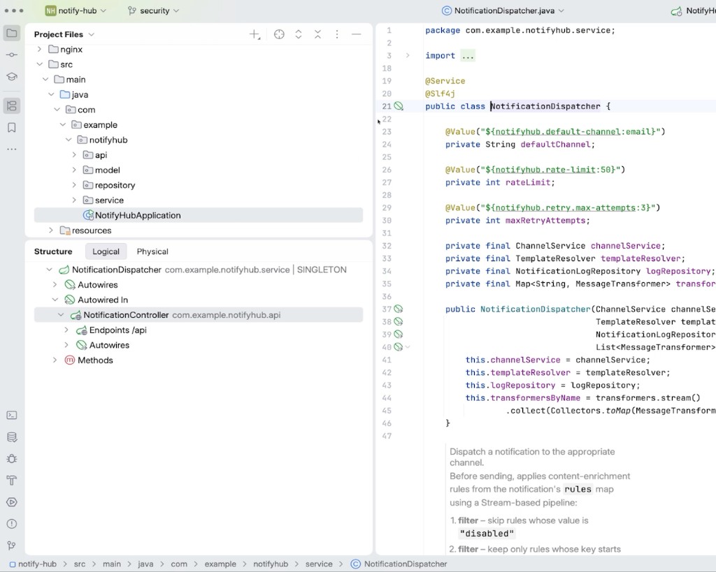 Project tree beside NotificationDispatcher.java in a Spring service