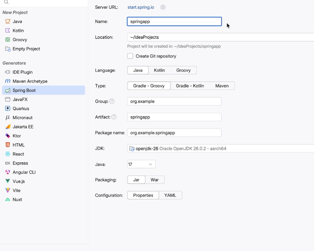 New Project wizard on Spring Boot with Java, Kotlin, and Gradle selected