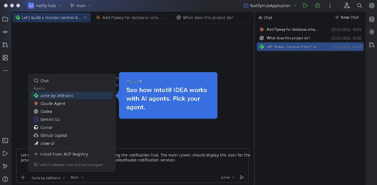 Junie selected in the in-IDE agent picker at the start of the walkthrough