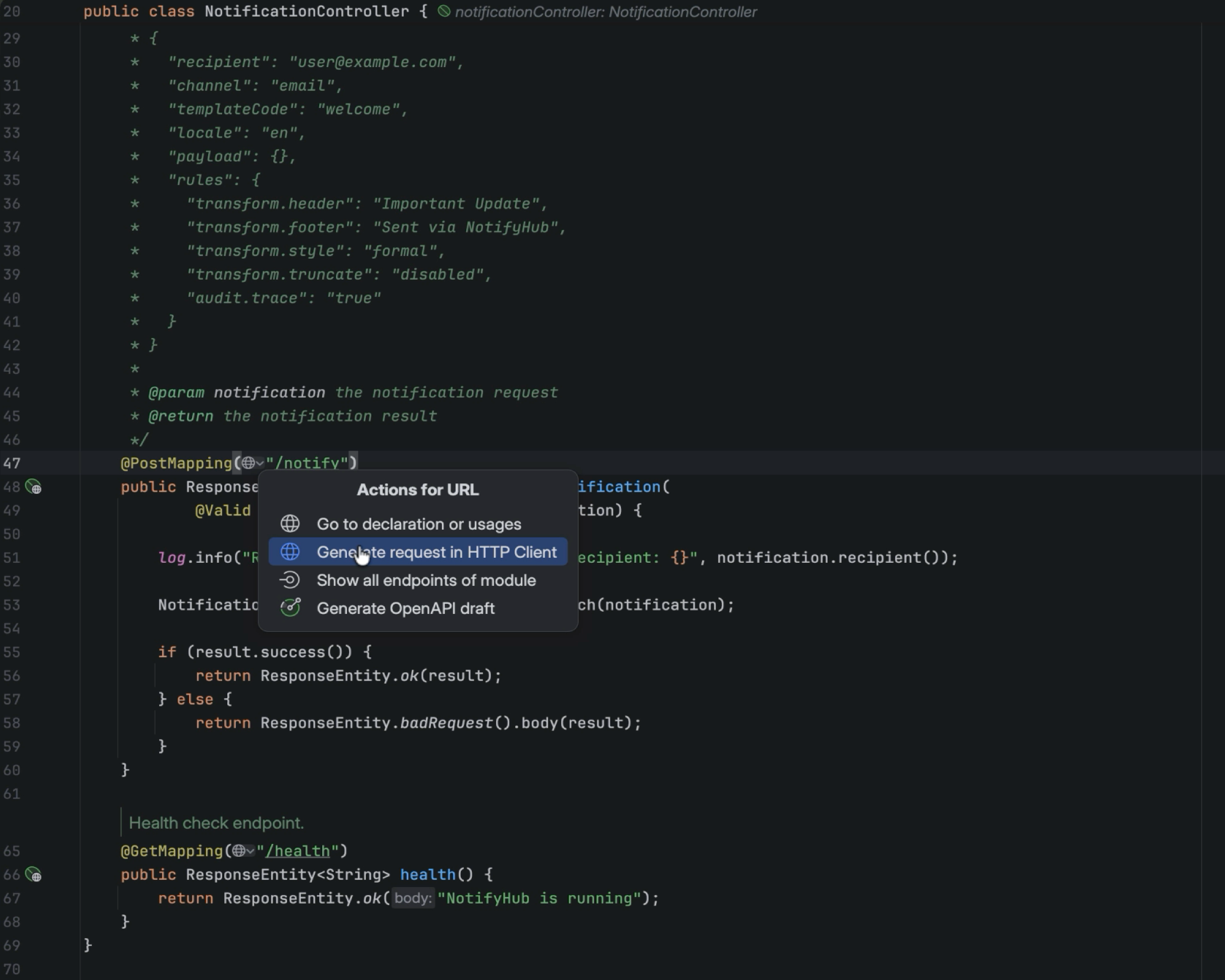 PostMapping gutter offering Generate request in HTTP Client