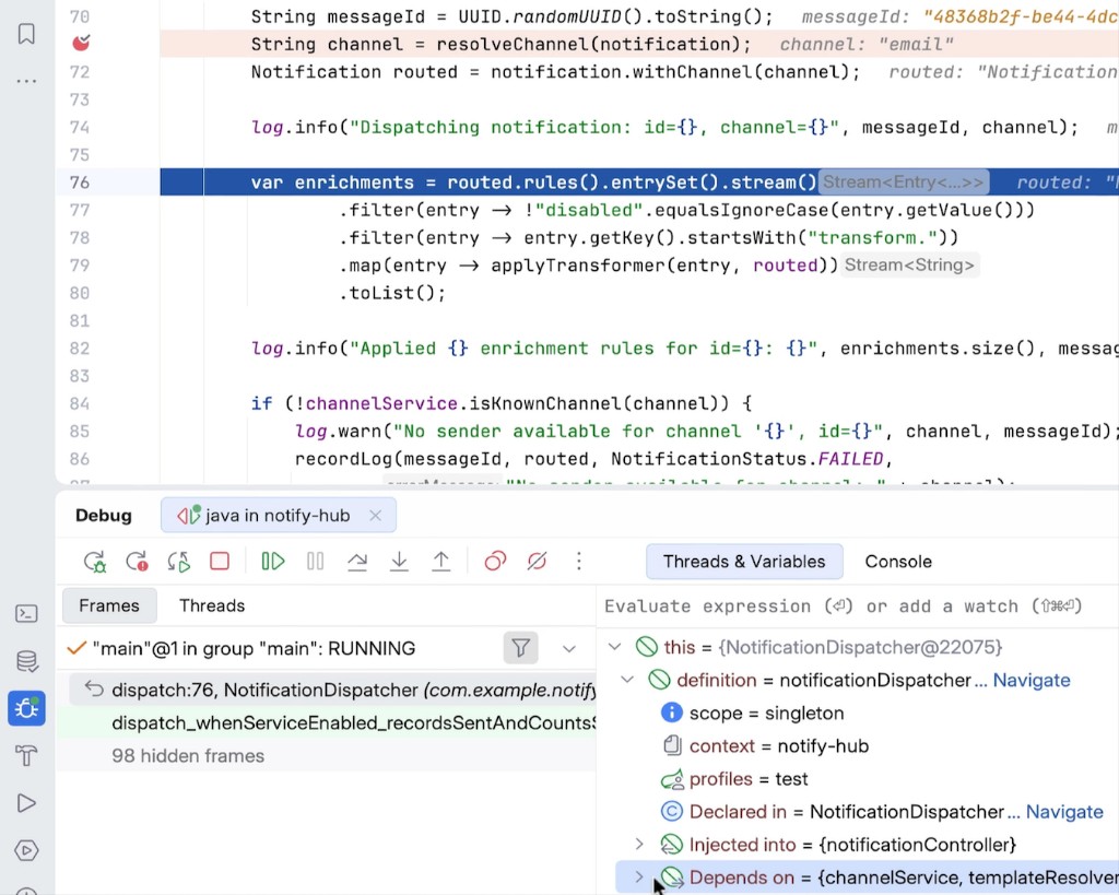Debugger paused on NotificationDispatcher with Frames and Variables open