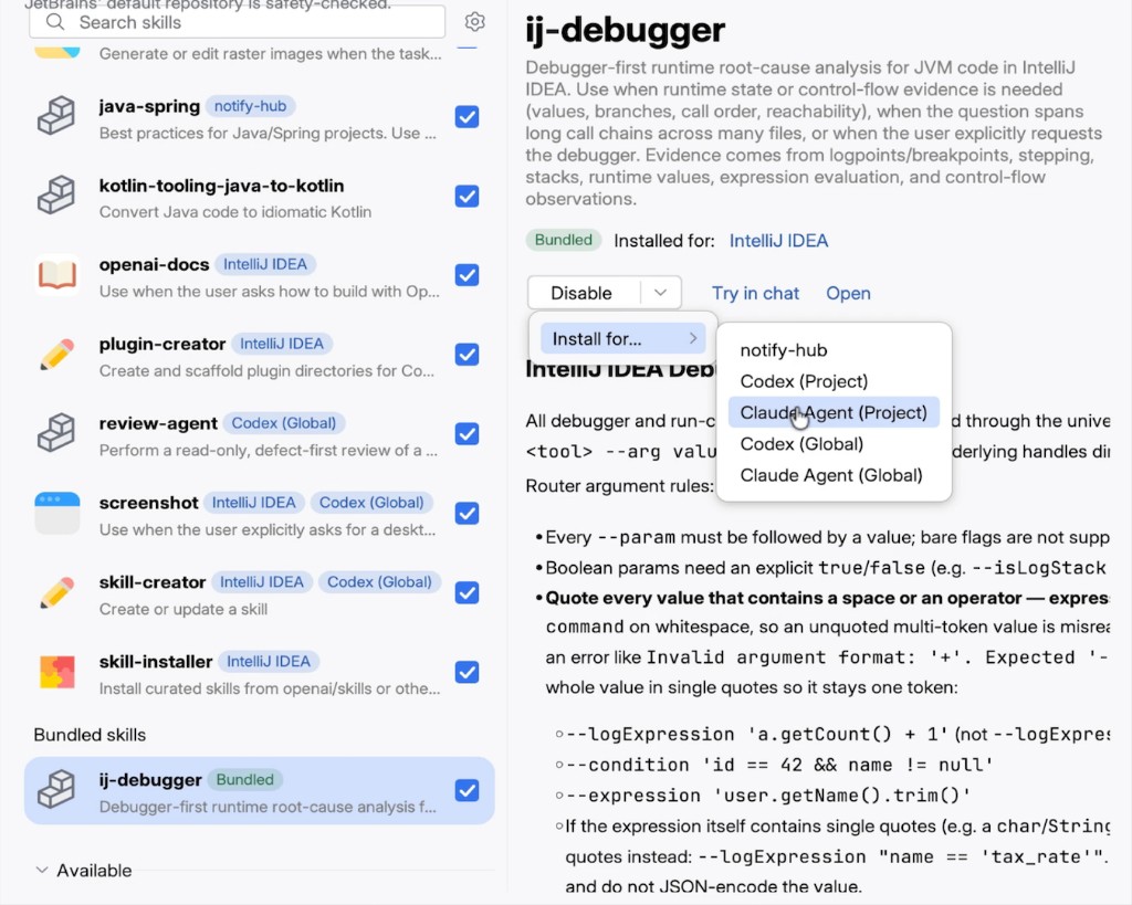 Agent skill list with ij-debugger selected
